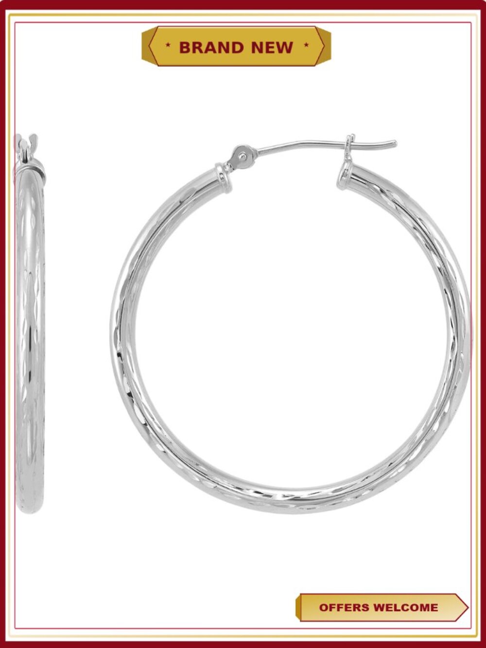 10K White Gold Polished Diamond-Cut Round Tube Hoop Earrings